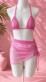 Biquíni de fita rosa chiclete + saída de praia