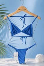 Biquíni de fita azul turquesa + saída de praia